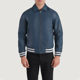 Paget Blue Leather Varsity Jacket state leather