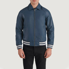 Paget Blue Leather Varsity Jacket state leather