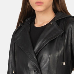 Mapis Black Leather Hooded Coat Jacket