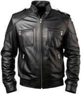 Men's Black Genuine Leather Motorcycle Biker Jacket with Classic Design and Zipper Details
