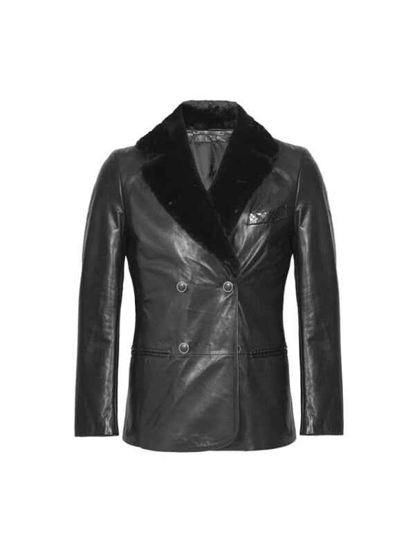 Front view of Black Shearling Lined Long Leather Coat