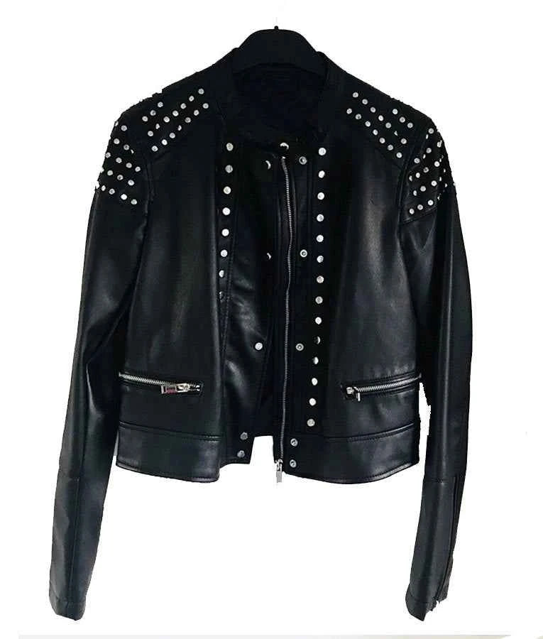 Front view of Black Studded Cafe Racer Leather Jacket