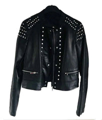Front view of Black Studded Cafe Racer Leather Jacket