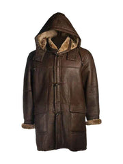 Men Brown Shearling Bomber Hooded Coat