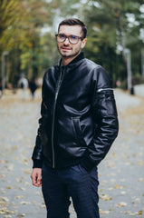 varsity style leather bomber jacket for man