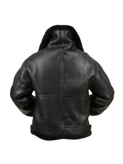 Men’s Black Leather Flight Jacket with Shearling Collar – Back