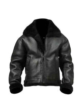 Men’s Black Leather Flight Jacket with Shearling Collar – Front View