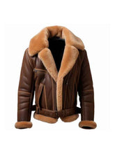 Men’s Brown Lapel Shearling Leather Jacket – Front View