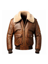Front view of a men’s brown shearling fur leather jacket with a collar