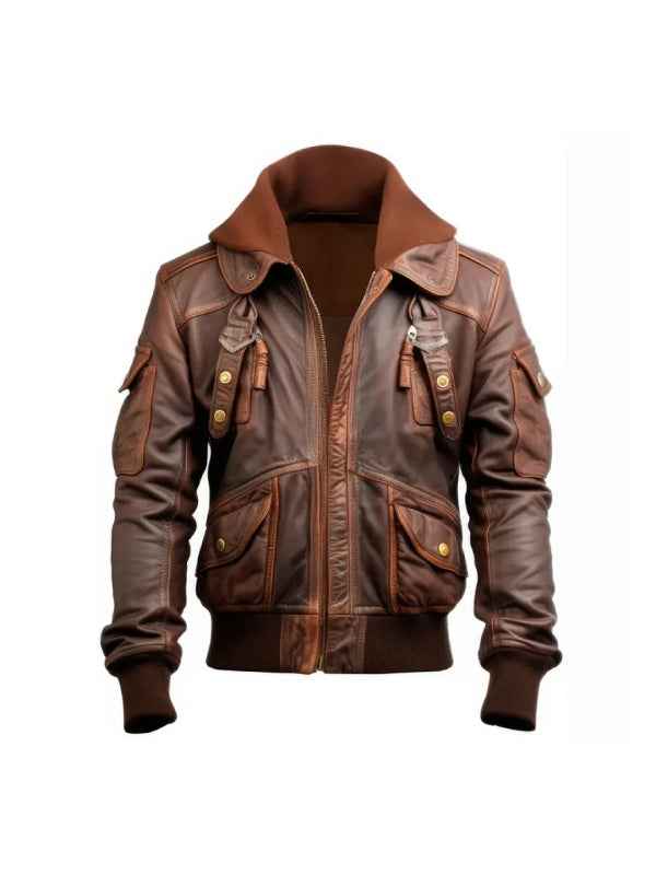 Men’s Hooded Leather Jacket with Zipper Closure and Ribbed Cuffs