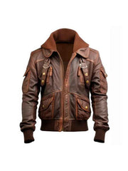 Men’s Hooded Leather Jacket with Zipper Closure and Ribbed Cuffs
