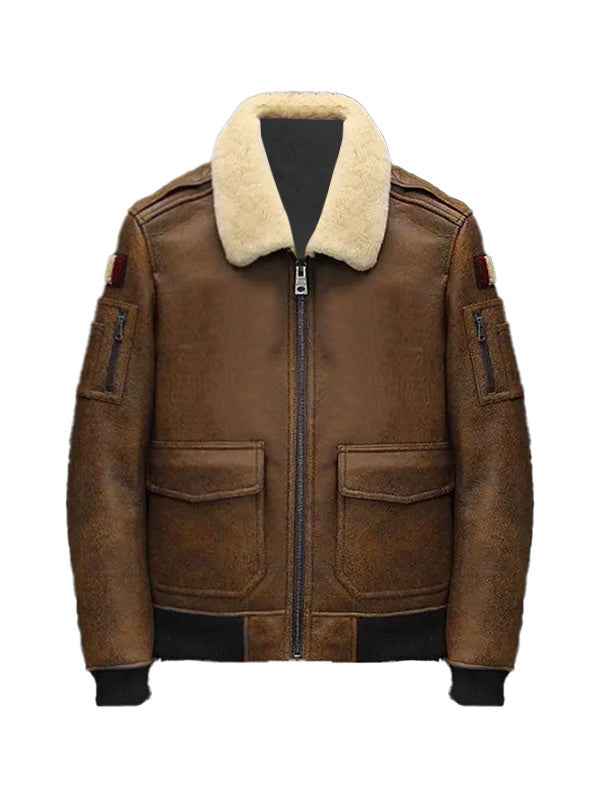 Men's Leather Bomber Jacket with Shearling Collar
