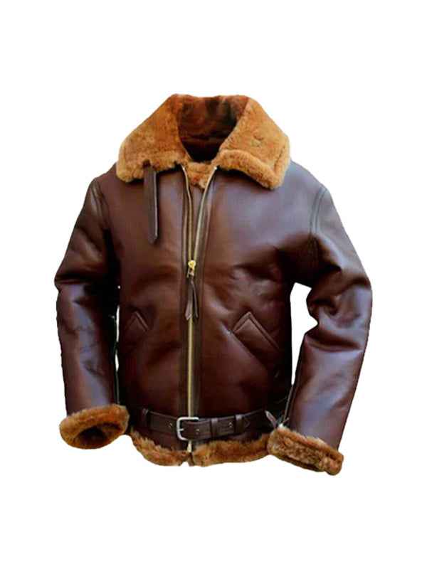 Front view of Unisex Brown Bomber Belted Leather Jacket