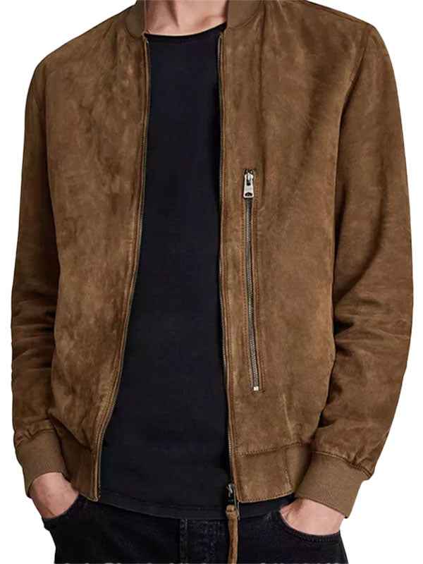 Unisex Suede Leather Bomber Jacket - Front View