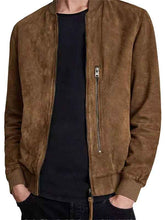 Unisex Suede Leather Bomber Jacket - Front View