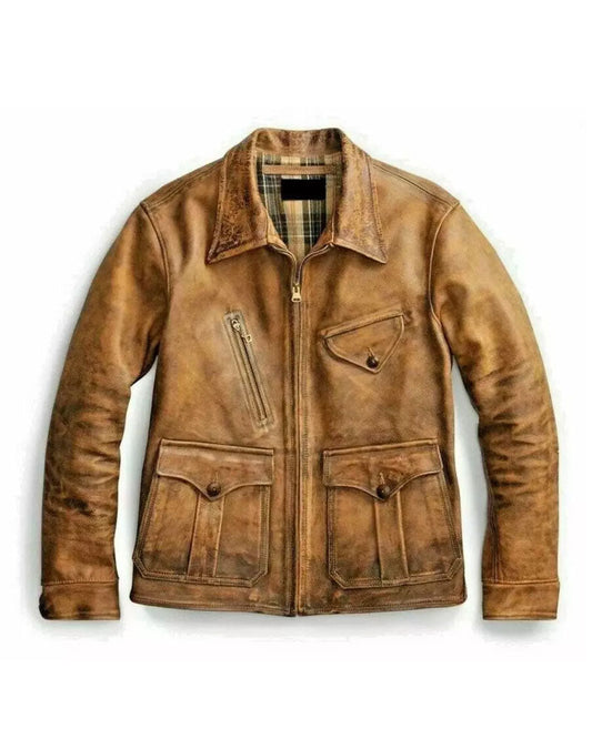Vintage Look Distressed Tan Real Leather Jacket | State Leather USA