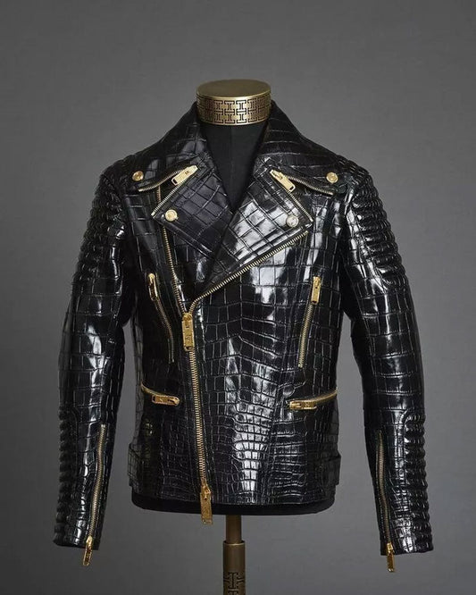 Men’s Leather Jacket Crocodile Print Motorcycle Genuine Cowhide Leather Jacket
