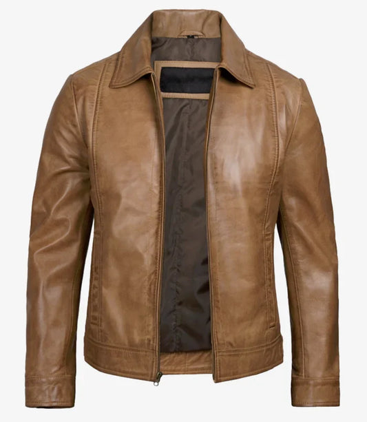 Men’s Yellow Wax Classic Shirt Collar Real Leather Jacket