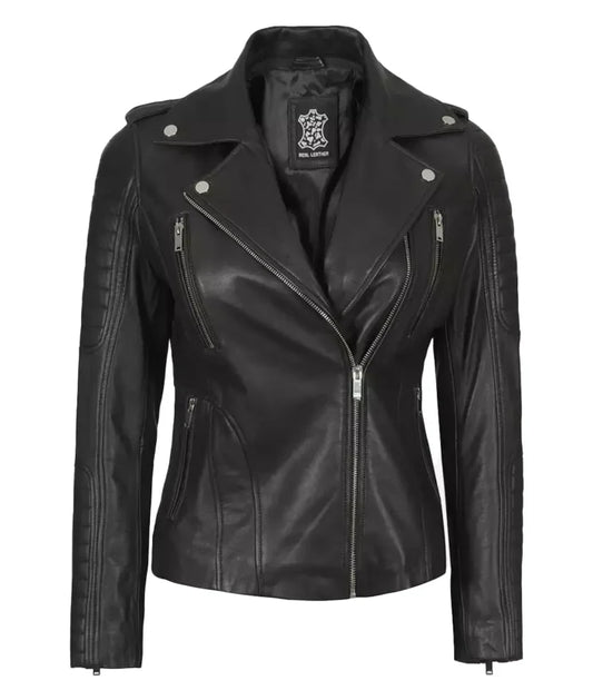 Women Black Real Leather Jacket with Removable Hood