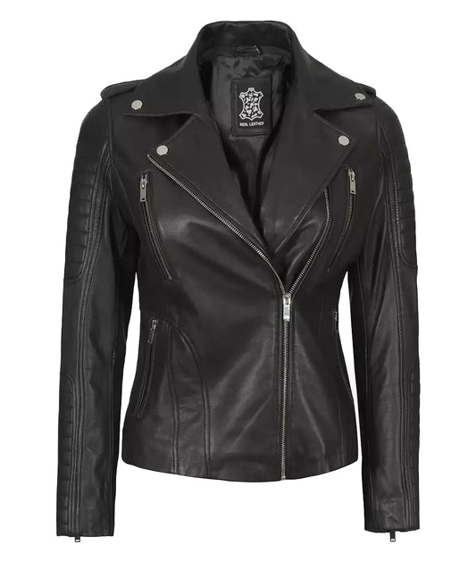 Women Black Real Leather Jacket with Removable Hood