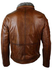 Mens Distressed Leather Jacket Belted Brown Fur Collar