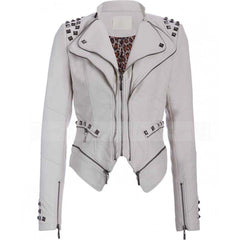 Womens White Studded Punk Leather Jacket