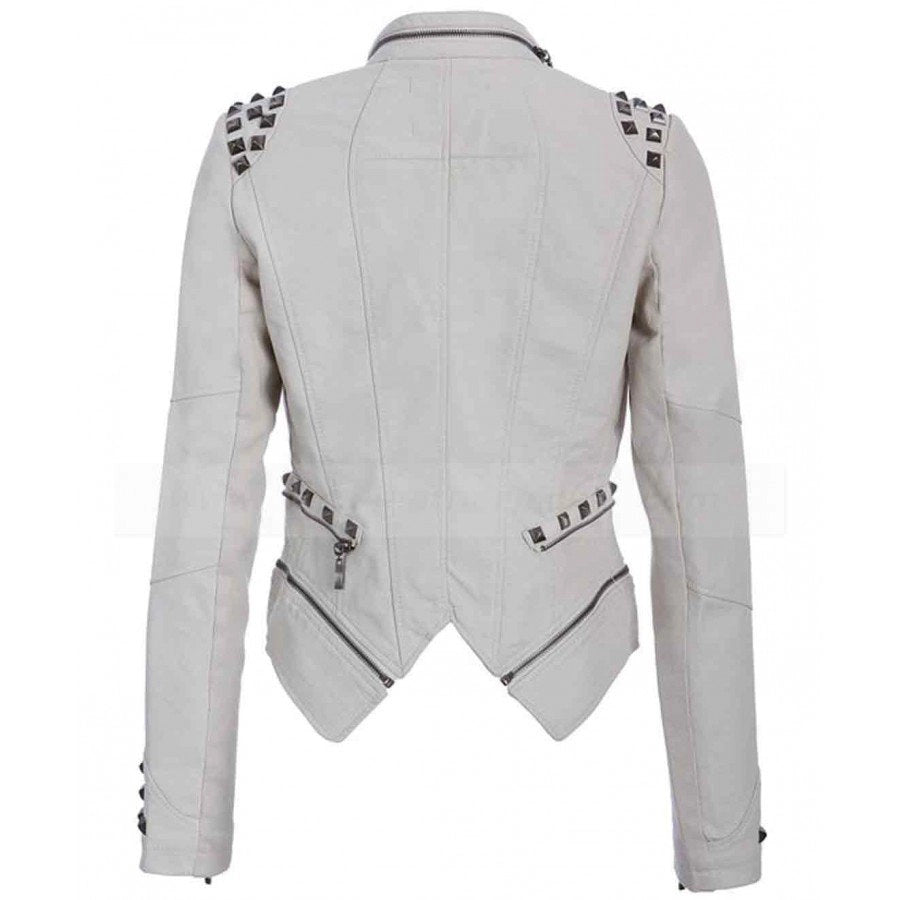 Womens White Studded Punk Leather Jacket