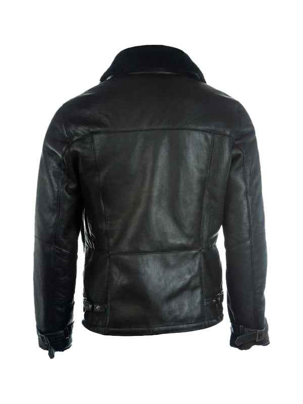 Pure Black B3 Shearling Bomber Leather Jacket – Back View