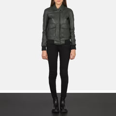 Vition Green Leather Bomber Jacket