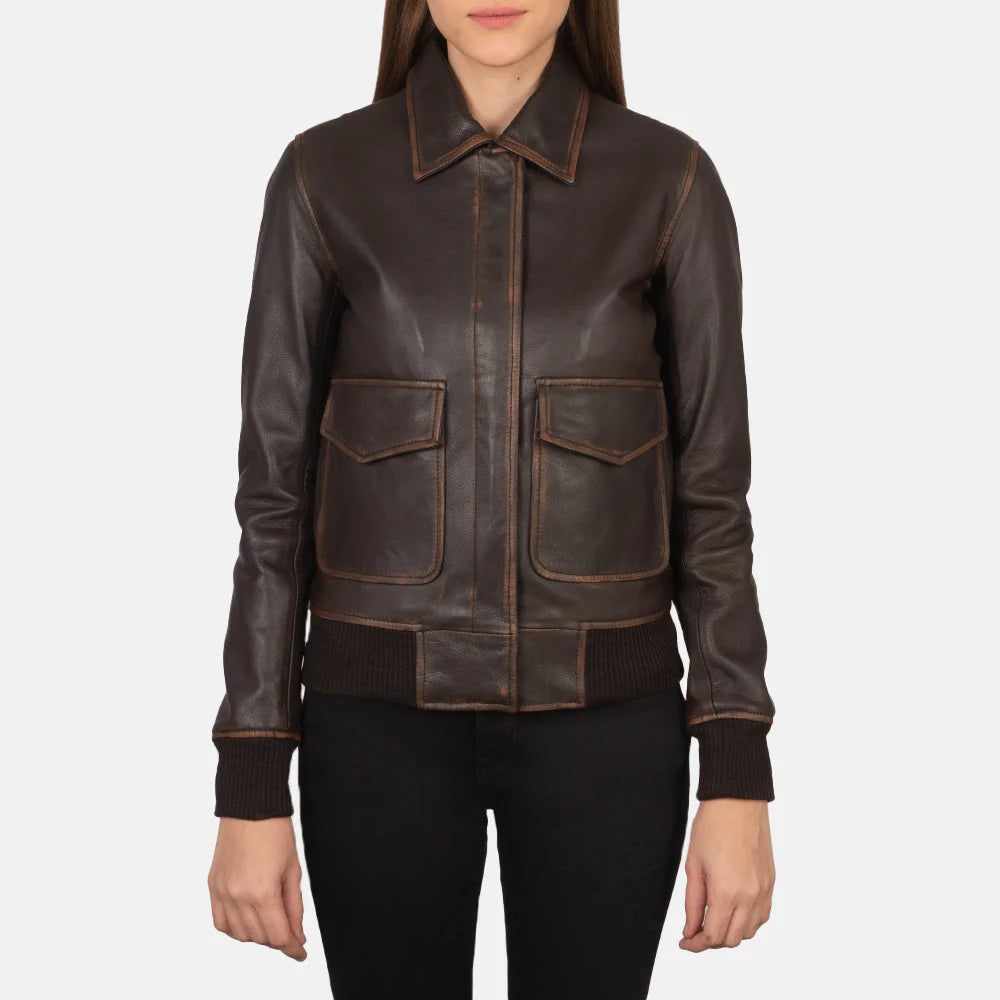 Vition Brown Leather Bomber Jacket