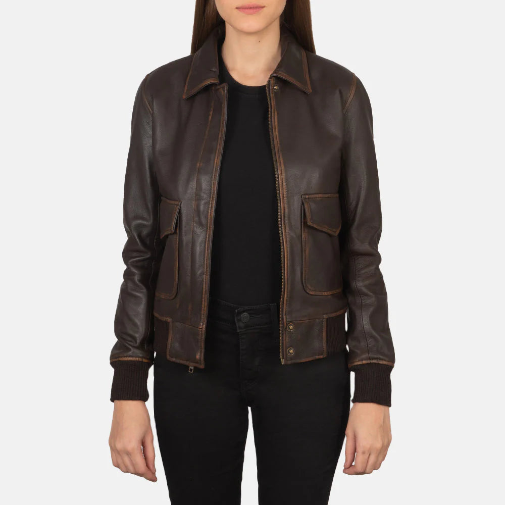 Vition Brown Leather Bomber Jacket