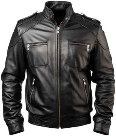 Men's Black Genuine Leather Motorcycle Biker Jacket with Classic Design and Zipper Details