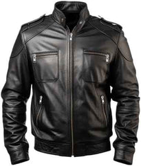 Men's Black Genuine Leather Motorcycle Biker Jacket with Classic Design and Zipper Details