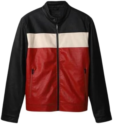 Men's Red, White, and Black Genuine Leather Jacket - Stylish Tri-Color Motorcycle Jacket