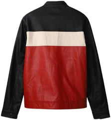 Men's Red, White, and Black Genuine Leather Jacket - Stylish Tri-Color Motorcycle Jacket