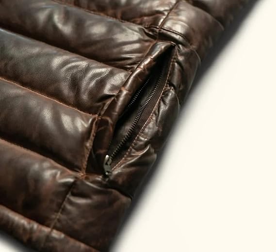 Men's Brown Sheepskin Leather Puffer Jacket - Stylish and Warm Outerwear