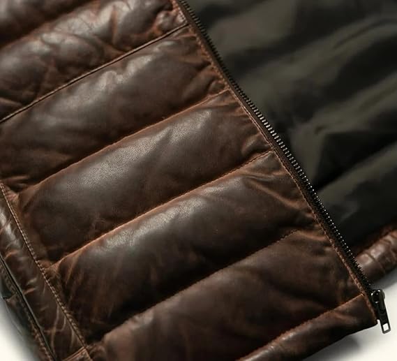 Men's Brown Sheepskin Leather Puffer Jacket - Stylish and Warm Outerwear