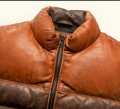 Men's Brown Sheepskin Leather Puffer Jacket - Stylish and Warm Outerwear