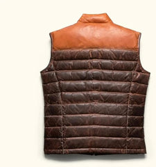 Men's Brown Sheepskin Leather Puffer Jacket - Stylish and Warm Outerwear