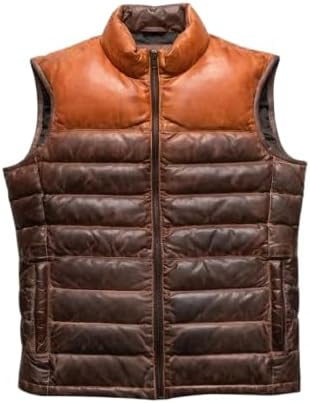 Men's Brown Sheepskin Leather Puffer Jacket - Stylish and Warm Outerwear