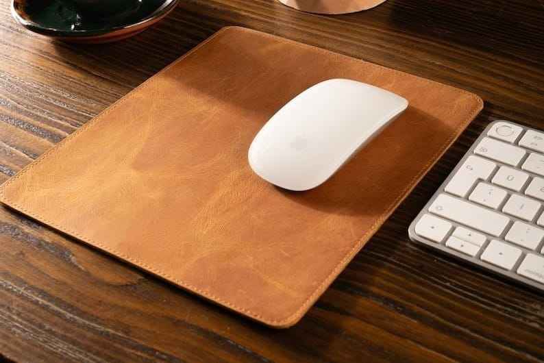 Close-up view of genuine leather mouse pad