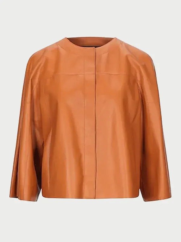 Womens Tan Collarless Leather Jacket