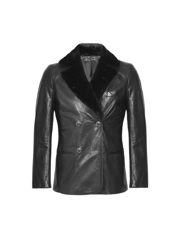 Double Breasted Black Shearling Leather Coat