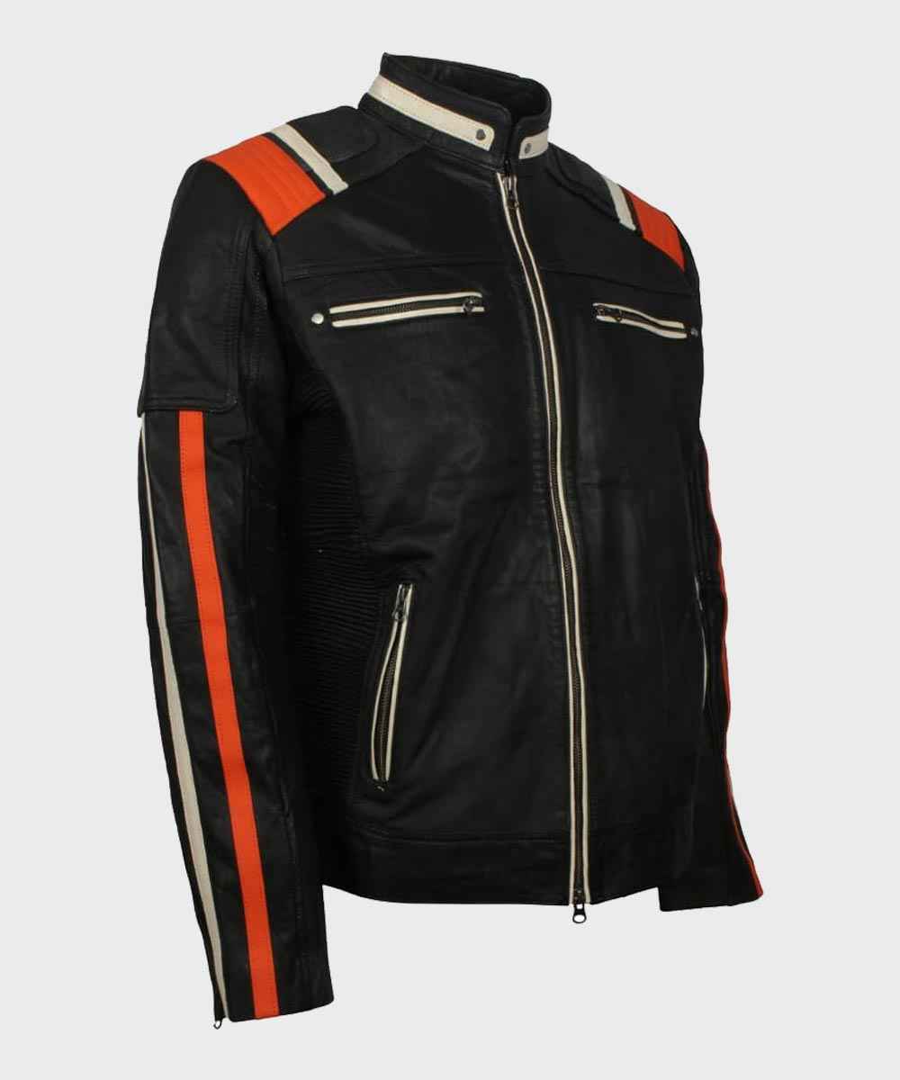 Mens Cafe Racer Striped Black Retro Biker Jacket