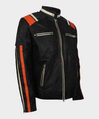 Mens Cafe Racer Striped Black Retro Biker Jacket