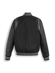 Black Varsity Bomber Leather Jacket With Stripes