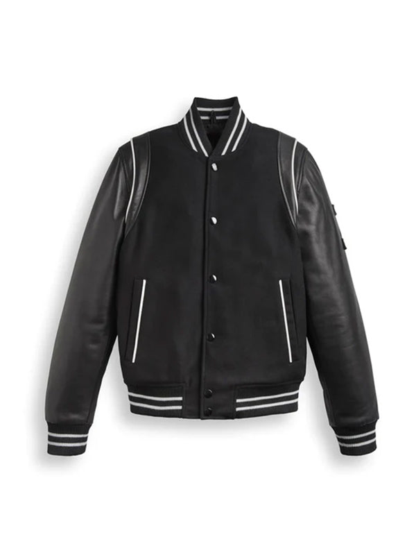 Black Varsity Bomber Leather Jacket With Stripes