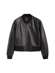 Classic Black Leather Bomber Jacket