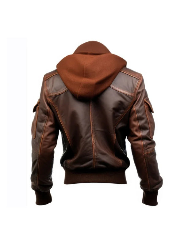 Men’s Flight Lapel Hooded Brown Leather Jacket