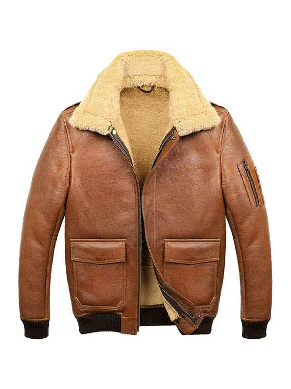 Men?s Aviator Camel Brown A2 Fur Shearling Leather Bomber Jacket